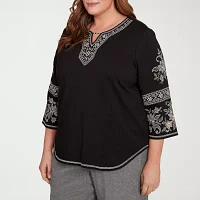 Alfred Dunner Santa Barbara Womens Plus Split Crew Neck 3/4 Sleeve T-Shirt