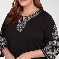 Alfred Dunner Santa Barbara Womens Plus Split Crew Neck 3/4 Sleeve T-Shirt