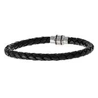 Mens Stainless Steel & Black Leather Bracelet