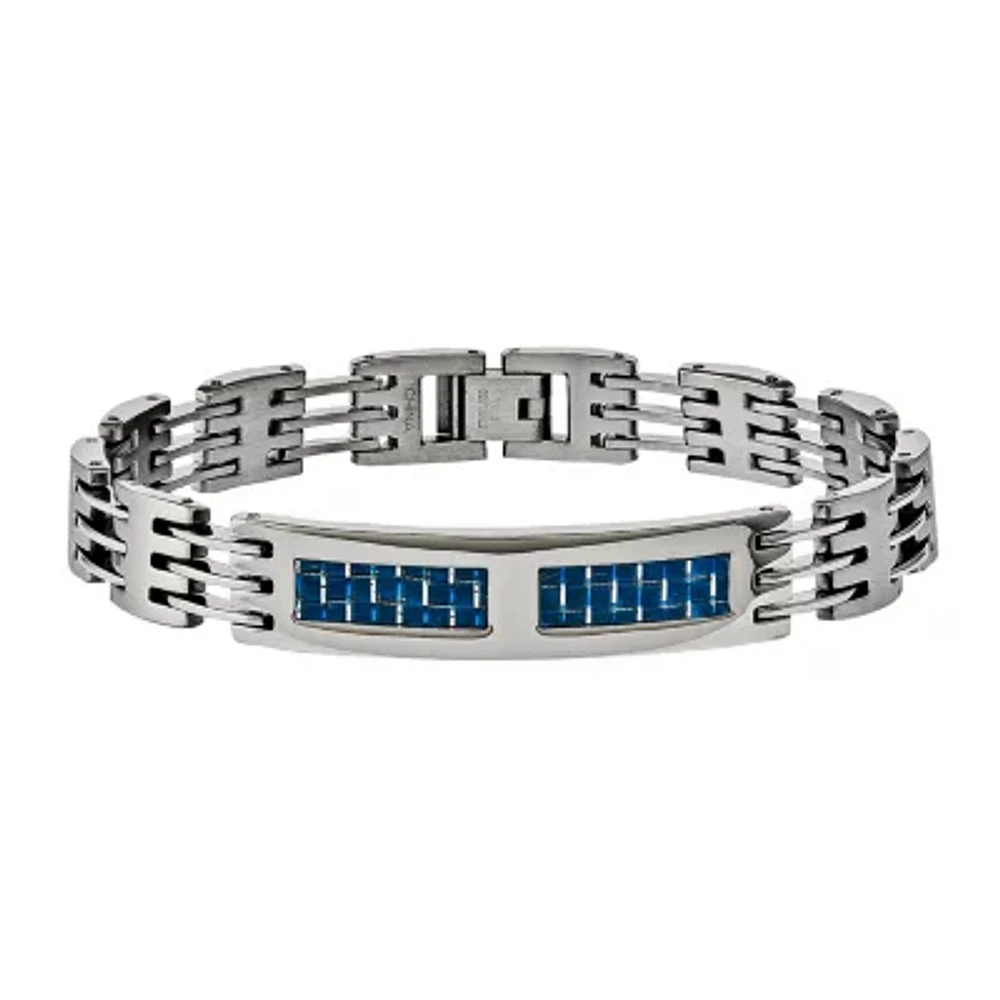 Mens Stainless Steel & Blue Carbon Fiber Chain Bracelet