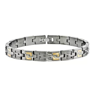 Mens Titanium & 14K Yellow Gold Inlay Accent Link Bracelet