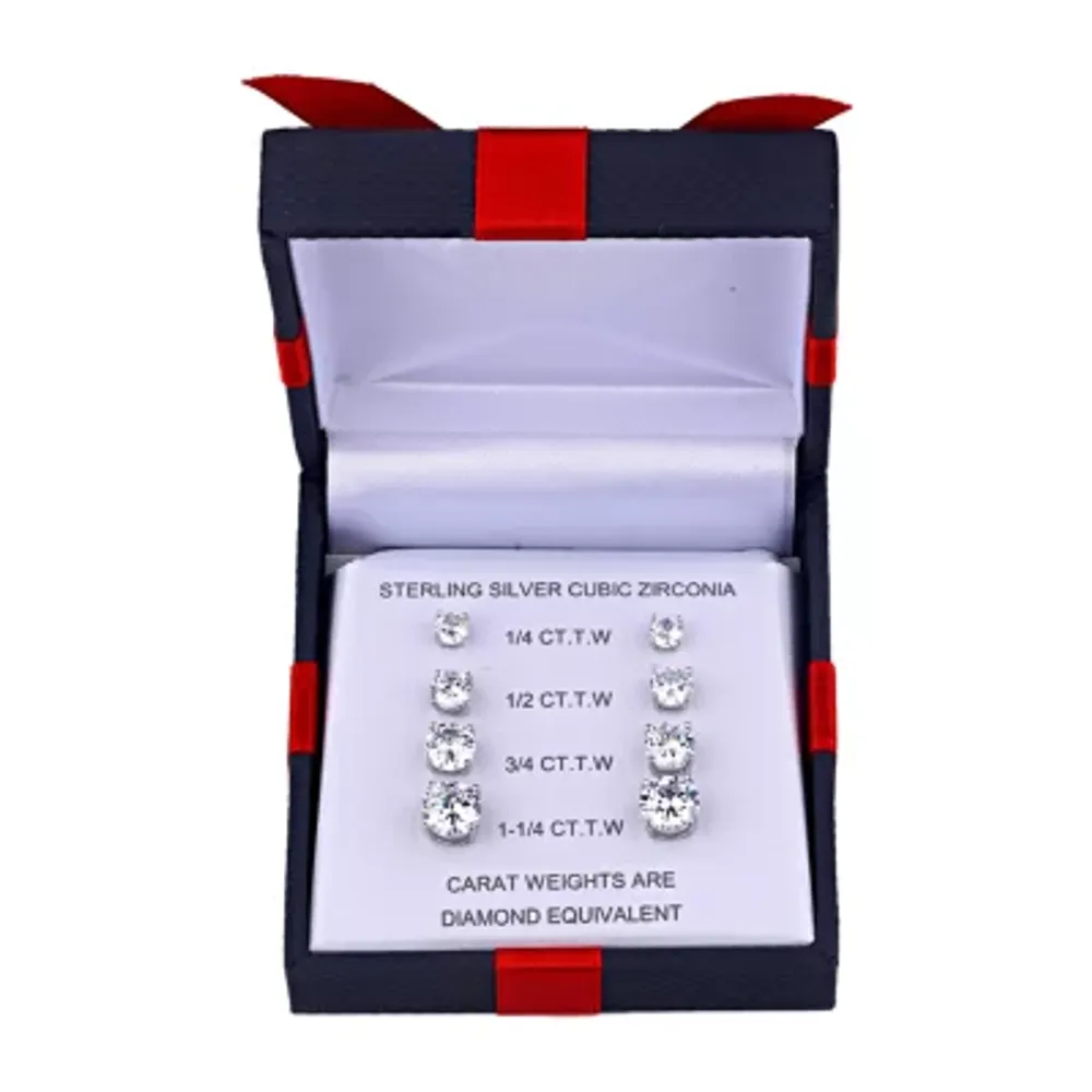 DiamonArt® White Cubic Zirconia Sterling Silver Round 4 Pair Earring Set