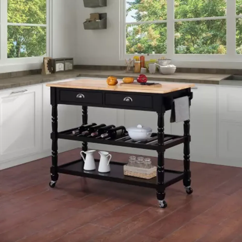 French Country Butcher Block Counter Top Kitchen Cart with Wine Rack