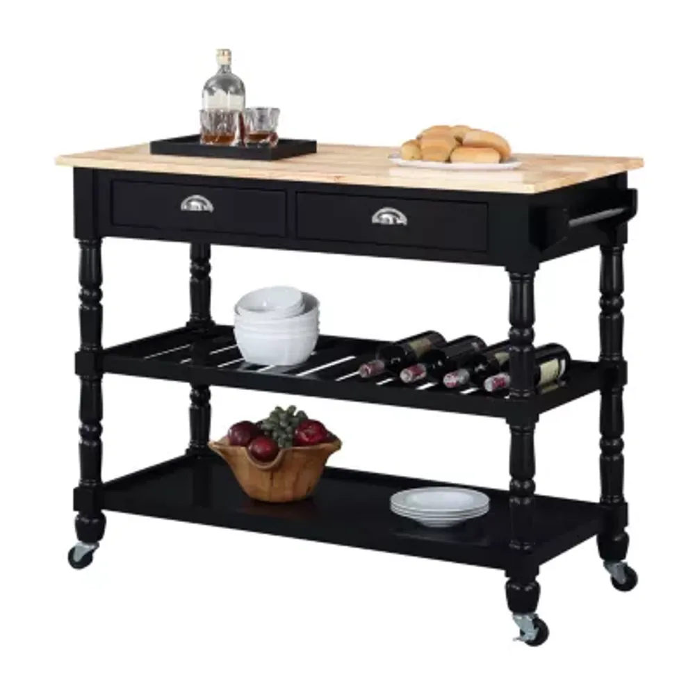 French Country Butcher Block Counter Top Kitchen Cart with Wine Rack