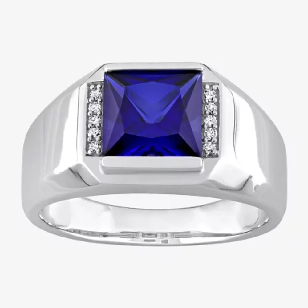 Mens Diamond Accent Lab Created Blue Sapphire 10K White Gold Fashion Ring