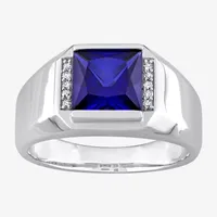 Mens Diamond Accent Lab Created Blue Sapphire 10K Gold Fashion Ring