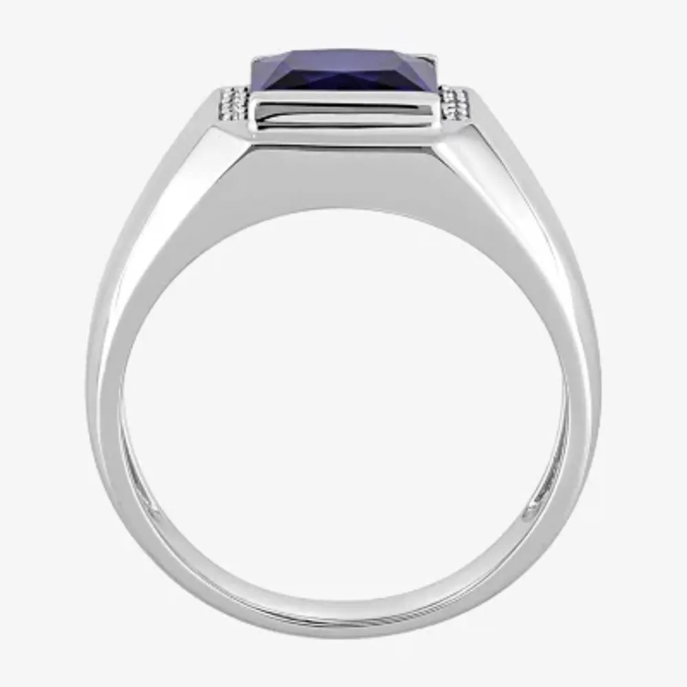 Mens Diamond Accent Lab Created Blue Sapphire 10K White Gold Fashion Ring