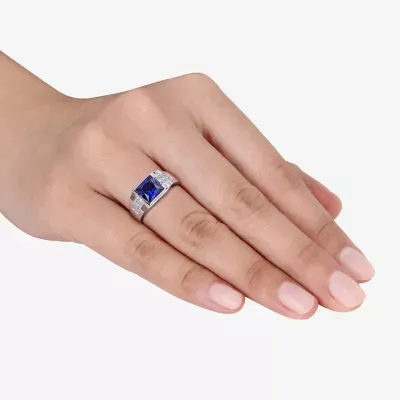 Mens Lab Created Blue Sapphire 10K White Gold Fashion Ring