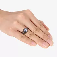 Mens 10-11MM Dyed Black Cultured Freshwater Pearl 18K Gold Over Silver Solitaire Fashion Ring
