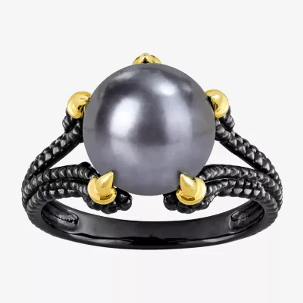 Mens 10-11MM Dyed Black Cultured Freshwater Pearl 18K Gold Over Silver Solitaire Fashion Ring