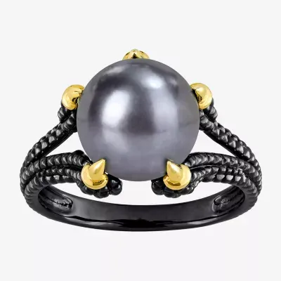 Mens 10-11MM Dyed Black Cultured Freshwater Pearl 18K Gold Over Silver Solitaire Fashion Ring
