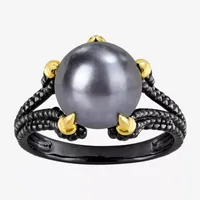 Mens 10-11MM Dyed Black Cultured Freshwater Pearl 18K Gold Over Silver Solitaire Fashion Ring
