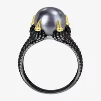 Mens 10-11MM Dyed Black Cultured Freshwater Pearl 18K Gold Over Silver Solitaire Fashion Ring