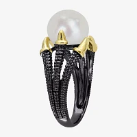 Mens 10-11MM Dyed White Cultured Freshwater Pearl 18K Gold Over Silver Solitaire Fashion Ring