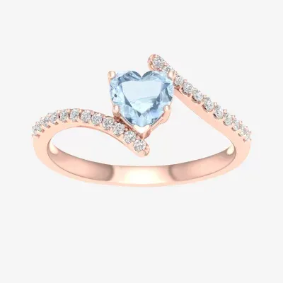 Womens Genuine Blue Aquamarine 10K Gold Heart Bypass Cocktail Ring