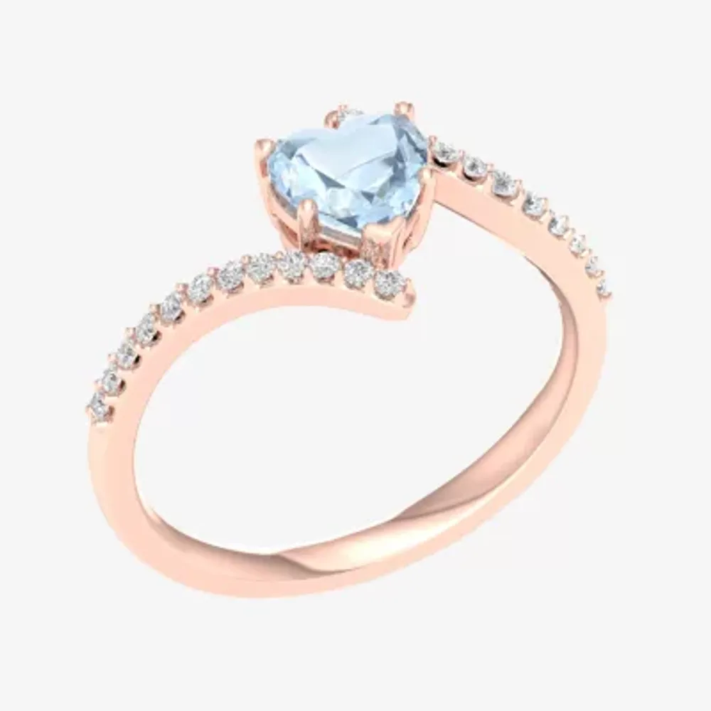 Womens Genuine Blue Aquamarine 10K Gold Heart Bypass Cocktail Ring