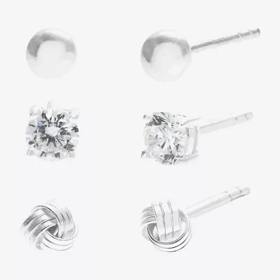 Silver Treasures Sterling Silver 3 Pair Cubic Zirconia Knot Earring Set