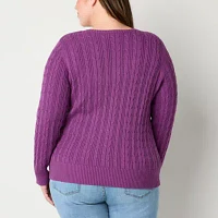 St. John's Bay Plus Womens V Neck Long Sleeve Cable Knit Pullover Sweater