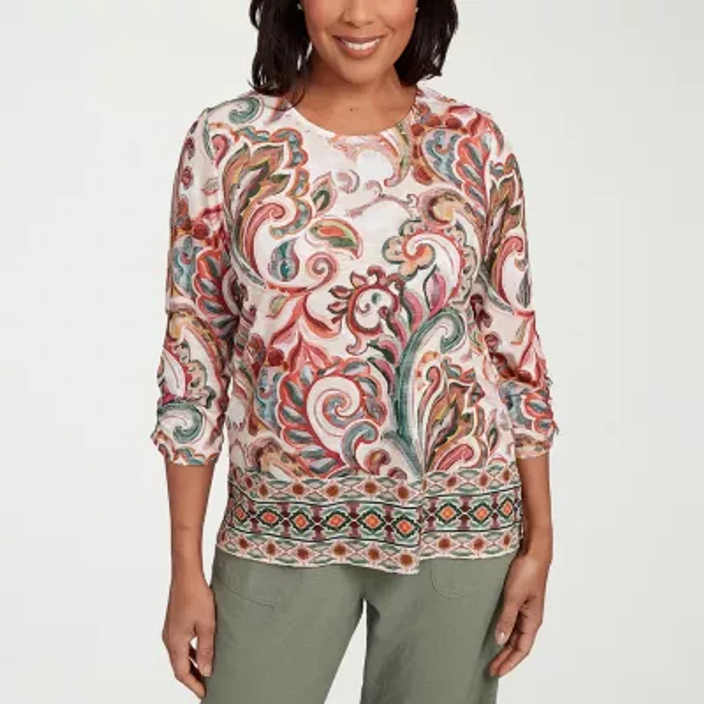 Alfred Dunner Copper Canyon Womens Crew Neck 3/4 Sleeve T-Shirt