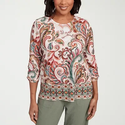 Alfred Dunner Copper Canyon Womens Crew Neck 3/4 Sleeve T-Shirt