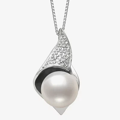 Womens Diamond Accent White Cultured Freshwater Pearl Sterling Silver 18 Inch Pendant Necklace