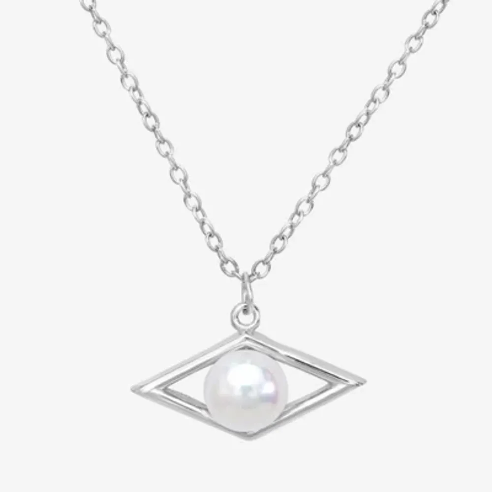 Silver Treasures Simulated Pearl Sterling Silver 18 Inch Cable Diamond Pendant Necklace