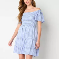 Robbie Bee Womens Short Sleeve Plaid Fit + Flare Dress