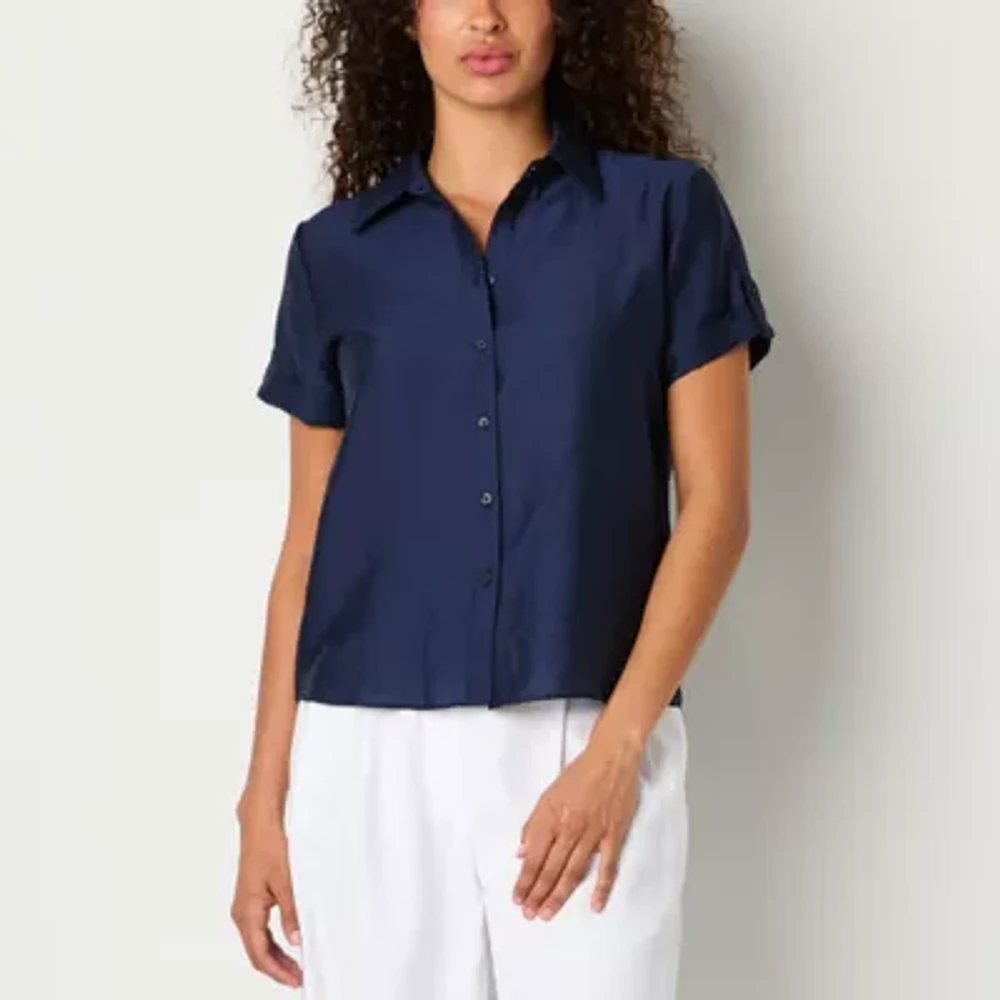 Worthington Womens Short Sleeve Regular Fit Button-Down Shirt