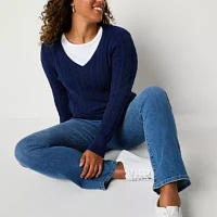 St. John's Bay Womens V Neck Long Sleeve Cable Knit Pullover Sweater