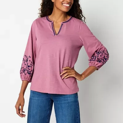 St. John's Bay Womens Split Crew Neck 3/4 Sleeve Embroidered Blouse