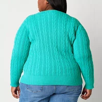 St. John's Bay Plus Womens V Neck Long Sleeve Cable Knit Pullover Sweater
