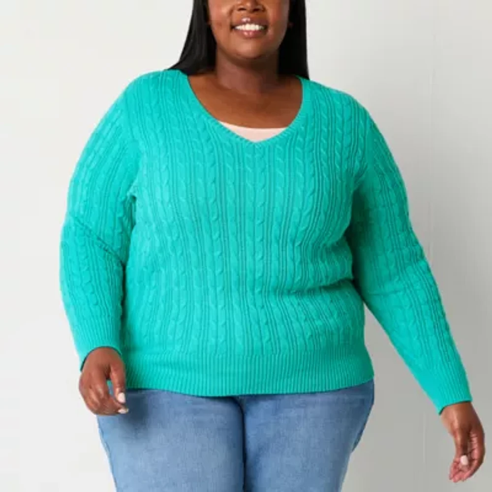 St. John's Bay Plus Womens V Neck Long Sleeve Cable Knit Pullover Sweater