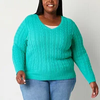 St. John's Bay Plus Womens V Neck Long Sleeve Cable Knit Pullover Sweater