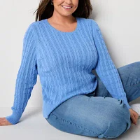 St. John's Bay Plus Womens Crew Neck Long Sleeve Cable Knit Pullover Sweater