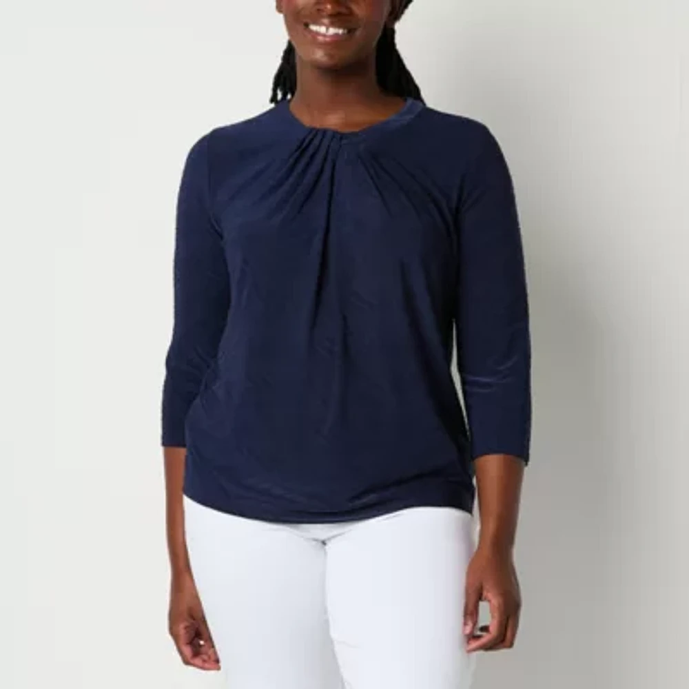 Liz Claiborne Womens Round Neck 3/4 Sleeve Blouse