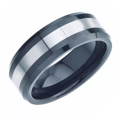 Mens 8mm Tungsten Carbide & Black Ceramic Wedding Band