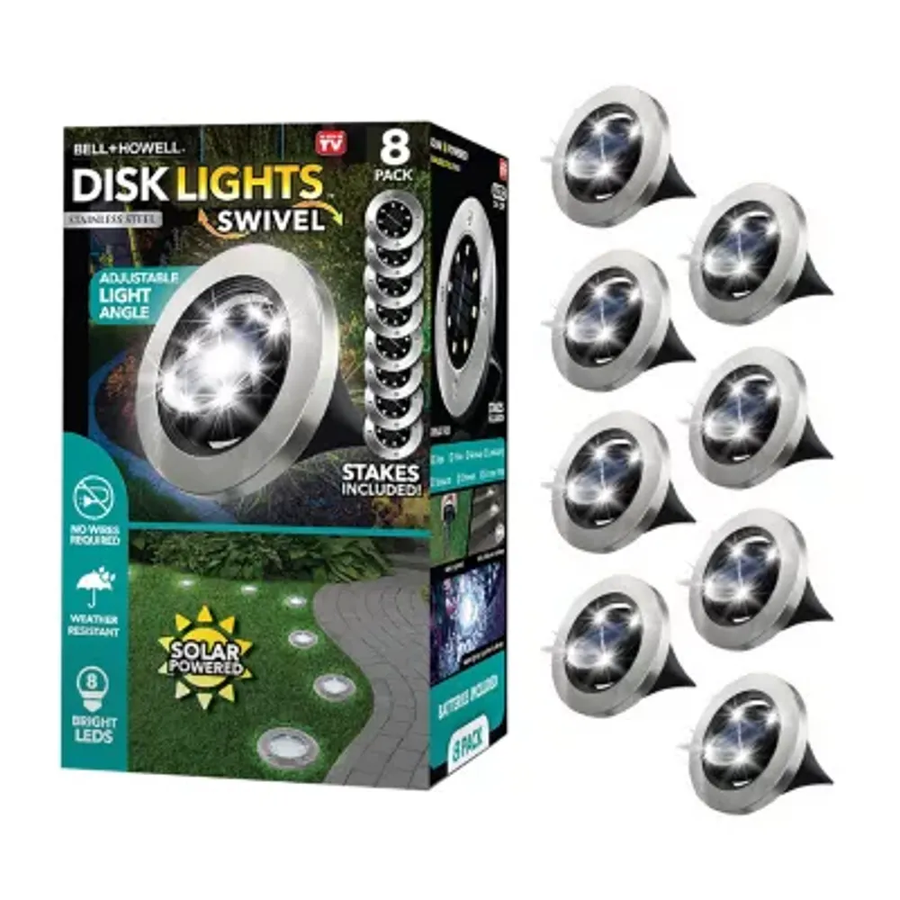 Bell + Howell 8 LED Super Bright Solar Powered Swivel Disk Light with Auto On/Off Lighting and Weatherproof Rust-Free - 8 Pack