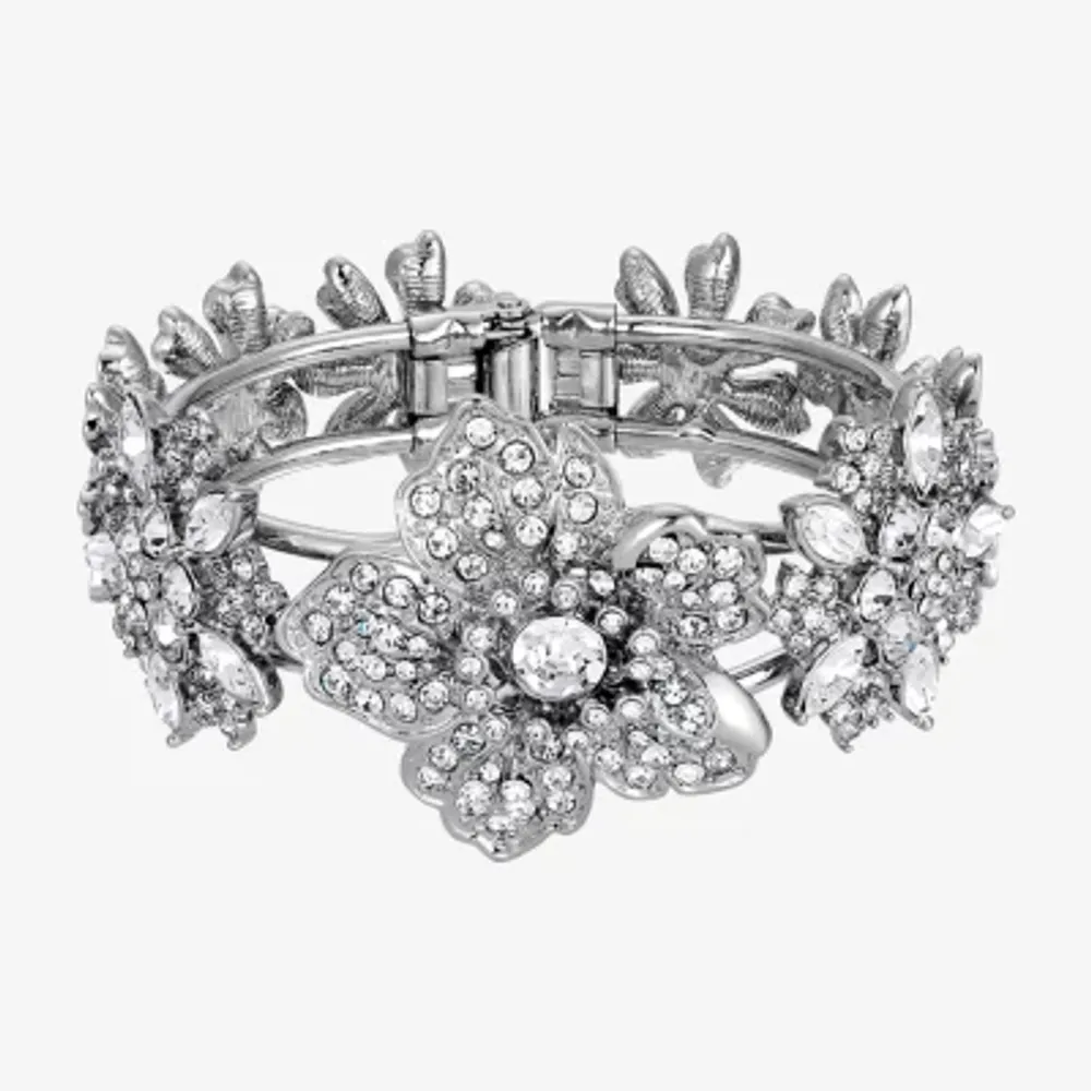 1928 Silver-Tone Crystal Flower Cuff Bracelet