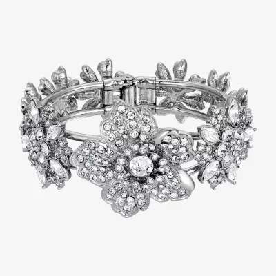 1928 Silver-Tone Crystal Flower Cuff Bracelet