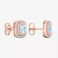 Genuine Blue Aquamarine & 1/4 CT. T.W. Natural White Diamond10K Rose Gold 10.5mm Cushion Stud Earrings