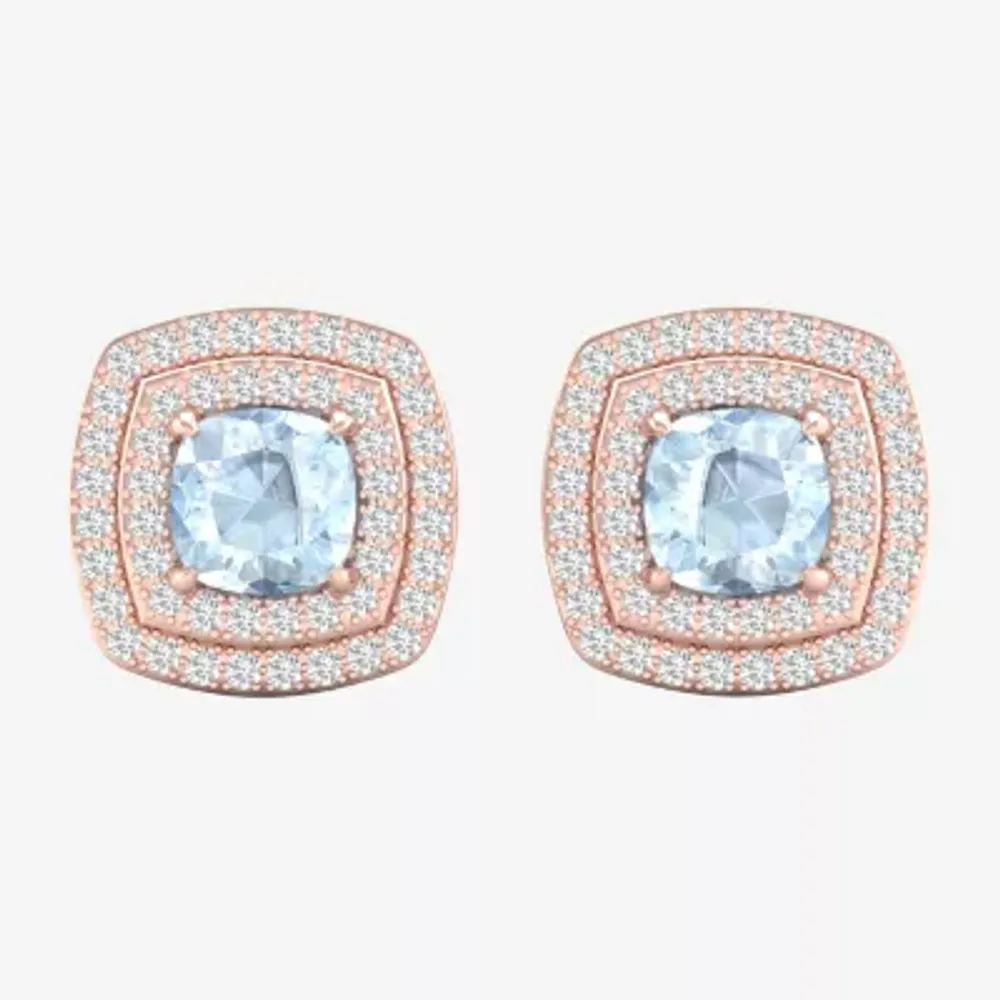 Genuine Blue Aquamarine & 1/4 CT. T.W. Mined White Diamond10K Rose Gold 10.5mm Cushion Stud Earrings