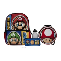 Licensed 5 Piece Super Mario Backpack Set with Character Lunch Bag