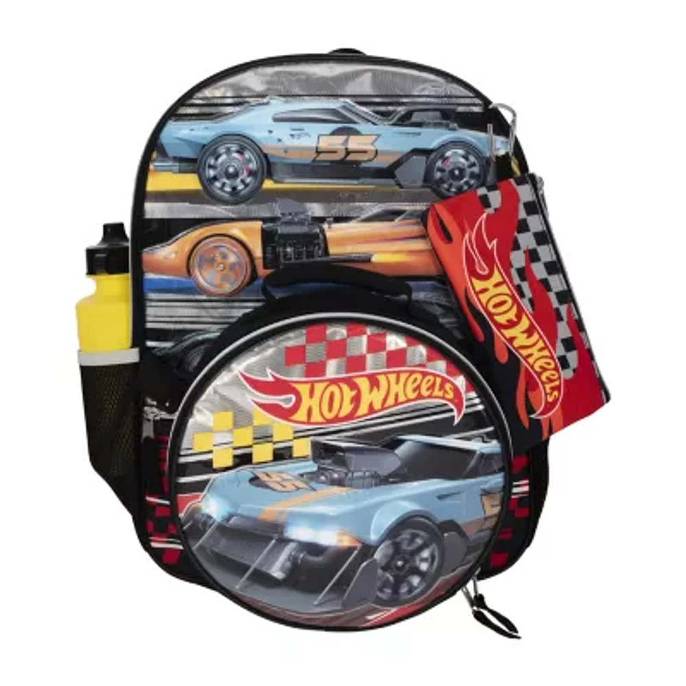 Licensed 5 Piece Hot Wheels Backpack Set with Matching Lunch Bag
