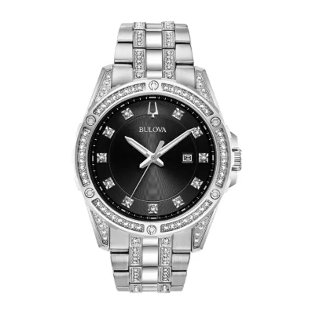 Bulova Crystal Mens Silver Tone Stainless Steel Watch Boxed Set 96k104