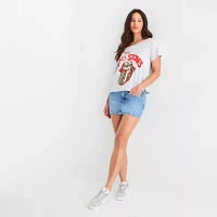 New World Juniors Rolling Stones Off The Shoulder Womens Short Sleeve Graphic T-Shirt
