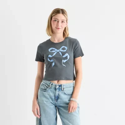 Grayson Threads, The Label Juniors Blue Glitter Bow Baby Tee Womens Crew Neck Short Sleeve Graphic T-Shirt