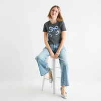 Grayson Threads, The Label Juniors Blue Glitter Bow Baby Tee Womens Crew Neck Short Sleeve Graphic T-Shirt