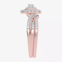 Womens CT. T.W. Natural White Diamond 10K Gold Cushion Side Stone Halo Bridal Set