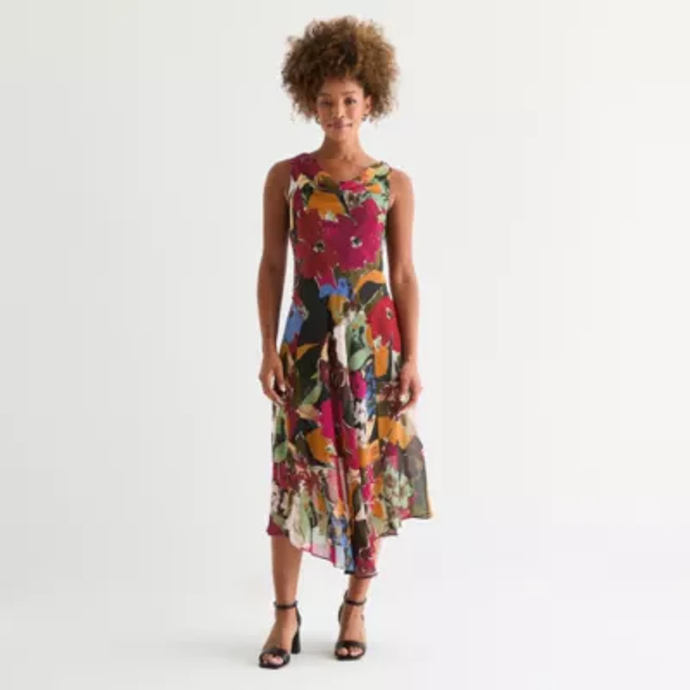Robbie Bee Womens Sleeveless Floral Midi Fit + Flare Dress