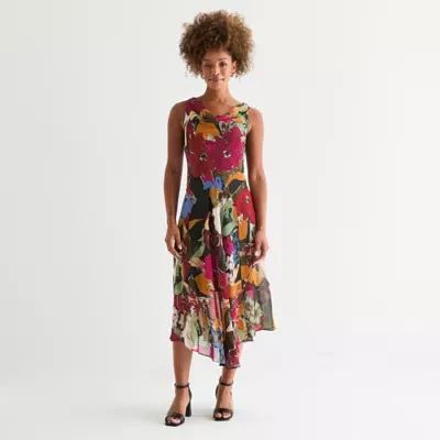 Robbie Bee Womens Sleeveless Floral Midi Fit + Flare Dress